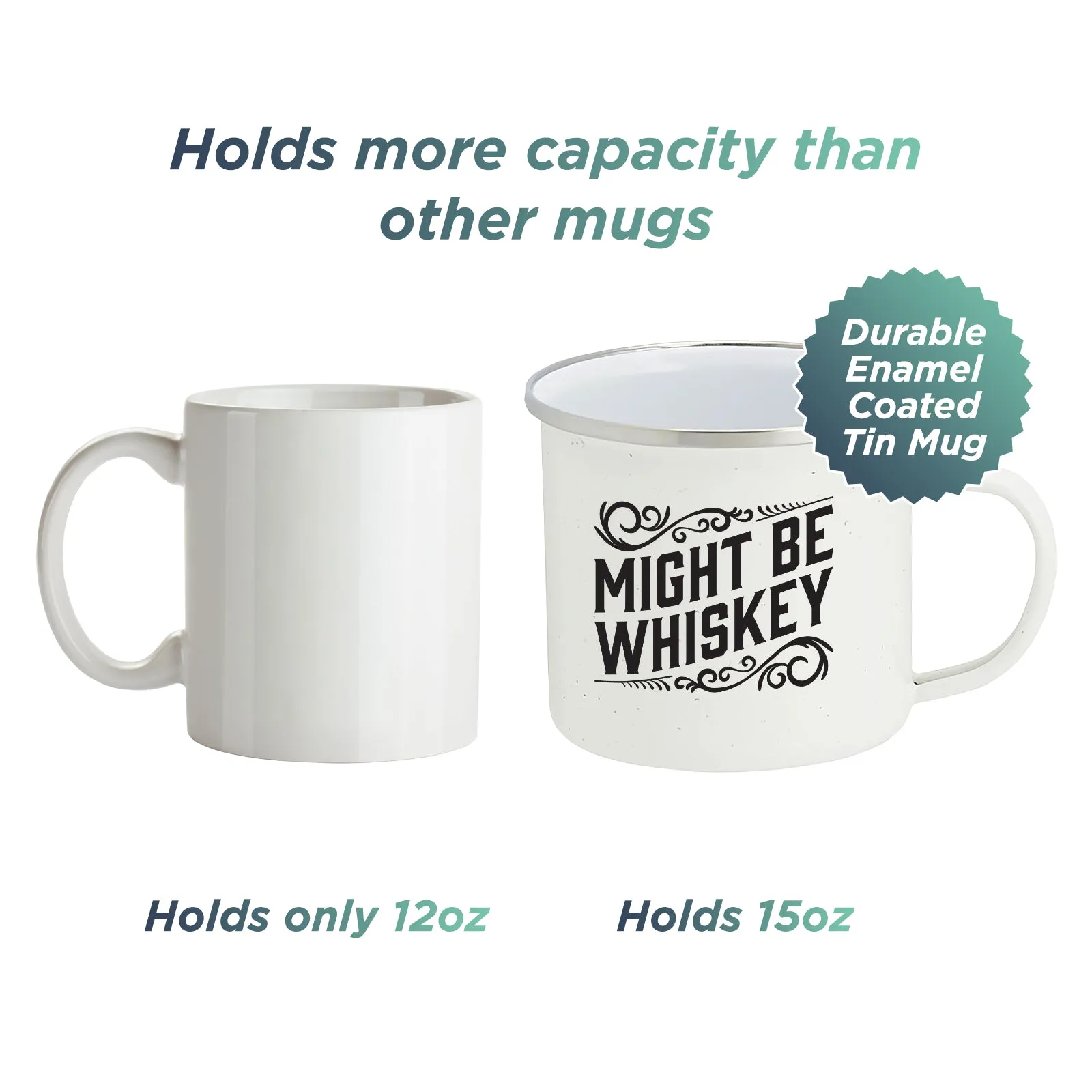 Enamel Camping Coffee Mug "Might Be Whiskey" Large Tin Cup 16 Ounce (Speckled White)