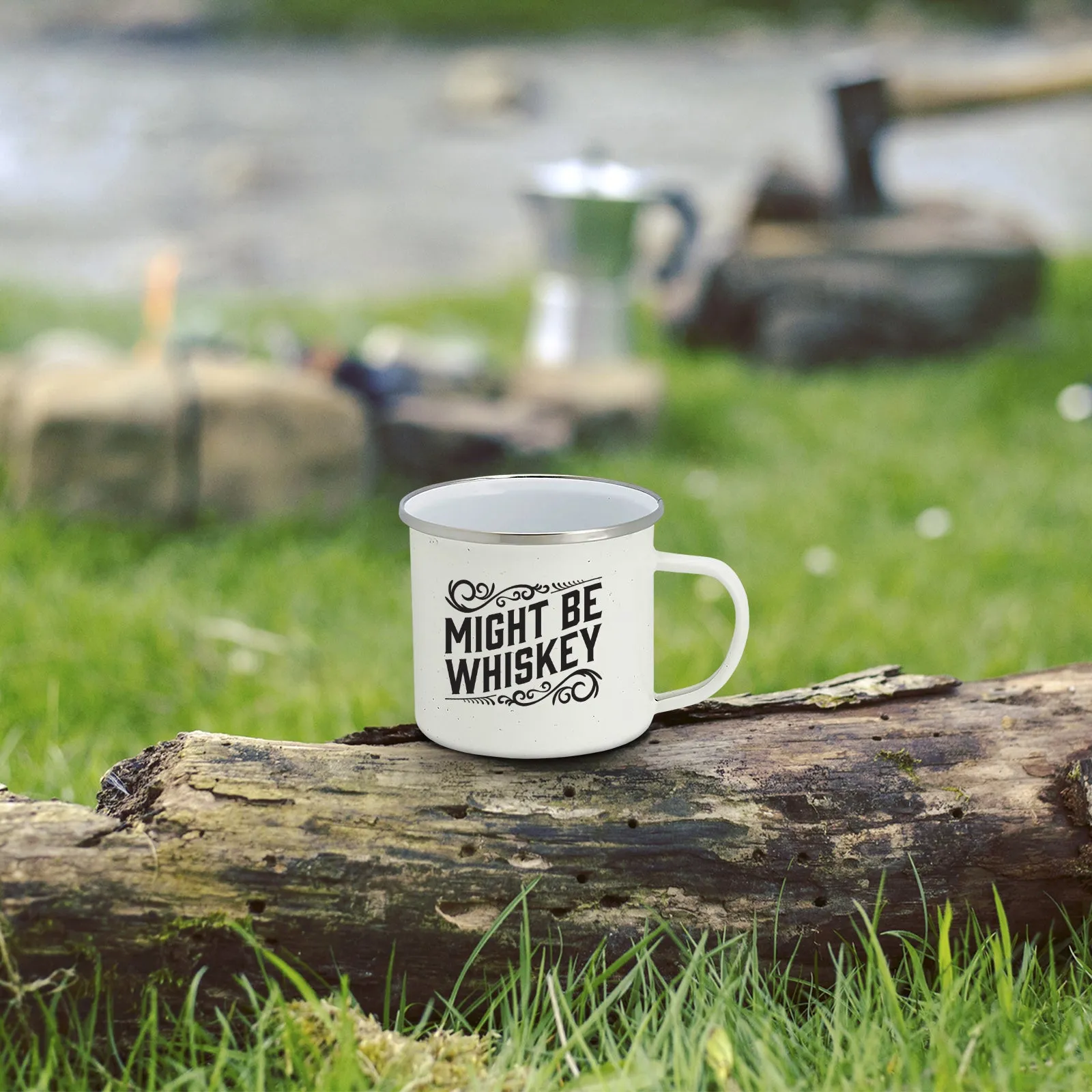 Enamel Camping Coffee Mug "Might Be Whiskey" Large Tin Cup 16 Ounce (Speckled White)