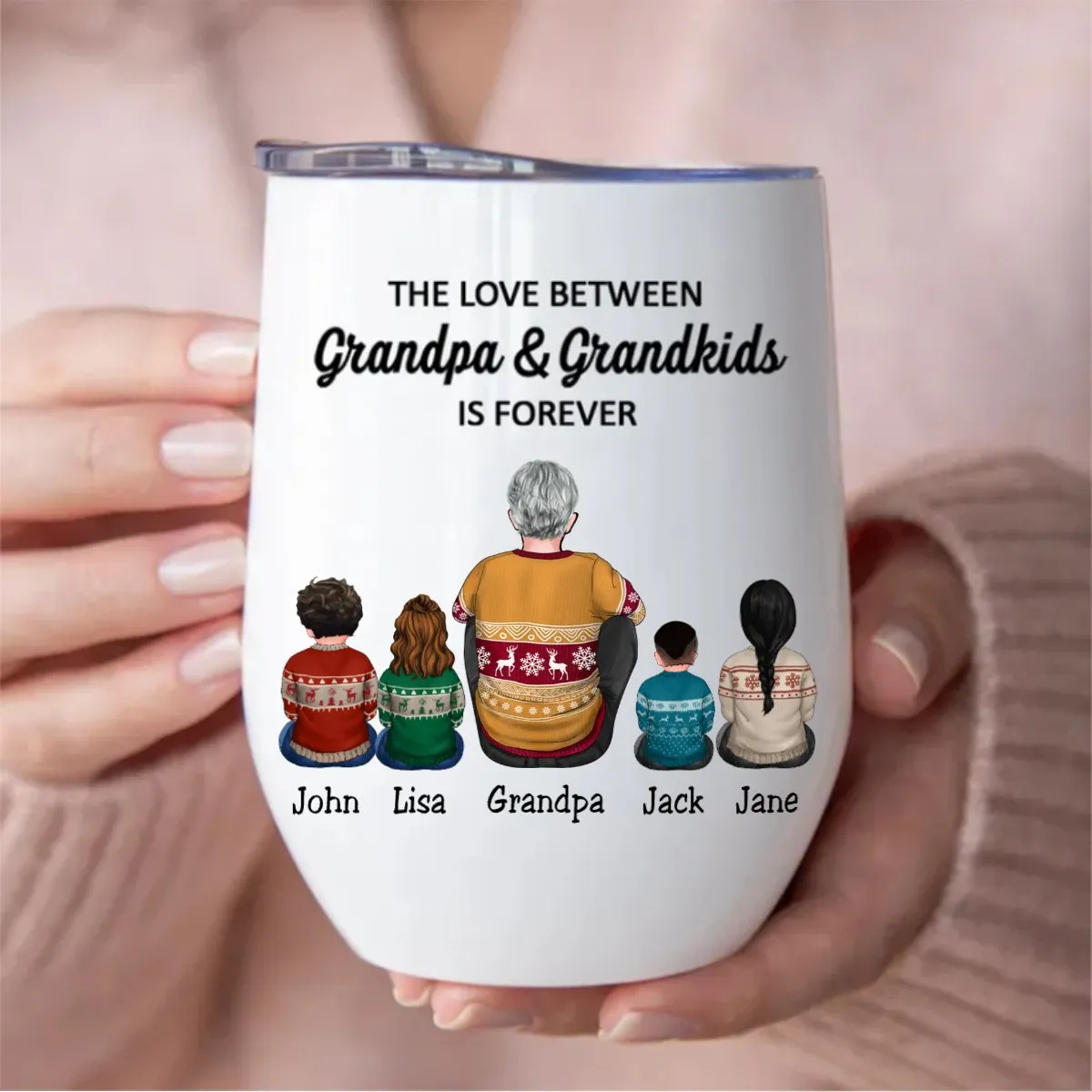 Family - The Love Between Grandpa & Grandkids Is Forever - Personalized Wine Tumbler