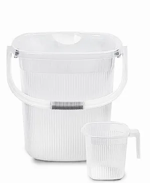 GALOOF Strong Plastic Bucket Mug Bathroom Set of 2 for Kitchen & Bathroom | Solid Color Striped Pattern Balti with Mug (Transparent, 25 Liter Bucket   1.5 Liter Mug)