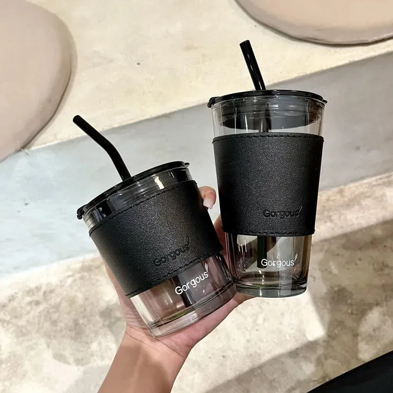 Glass Coffee Straw Cup With Lid