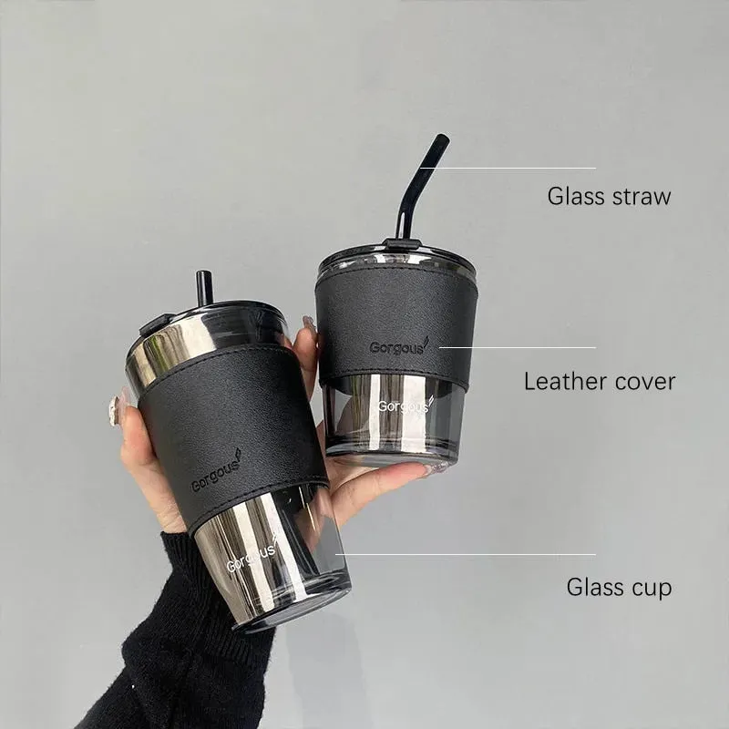 Glass Coffee Straw Cup With Lid