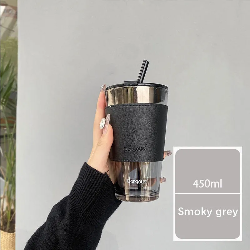 Glass Coffee Straw Cup With Lid