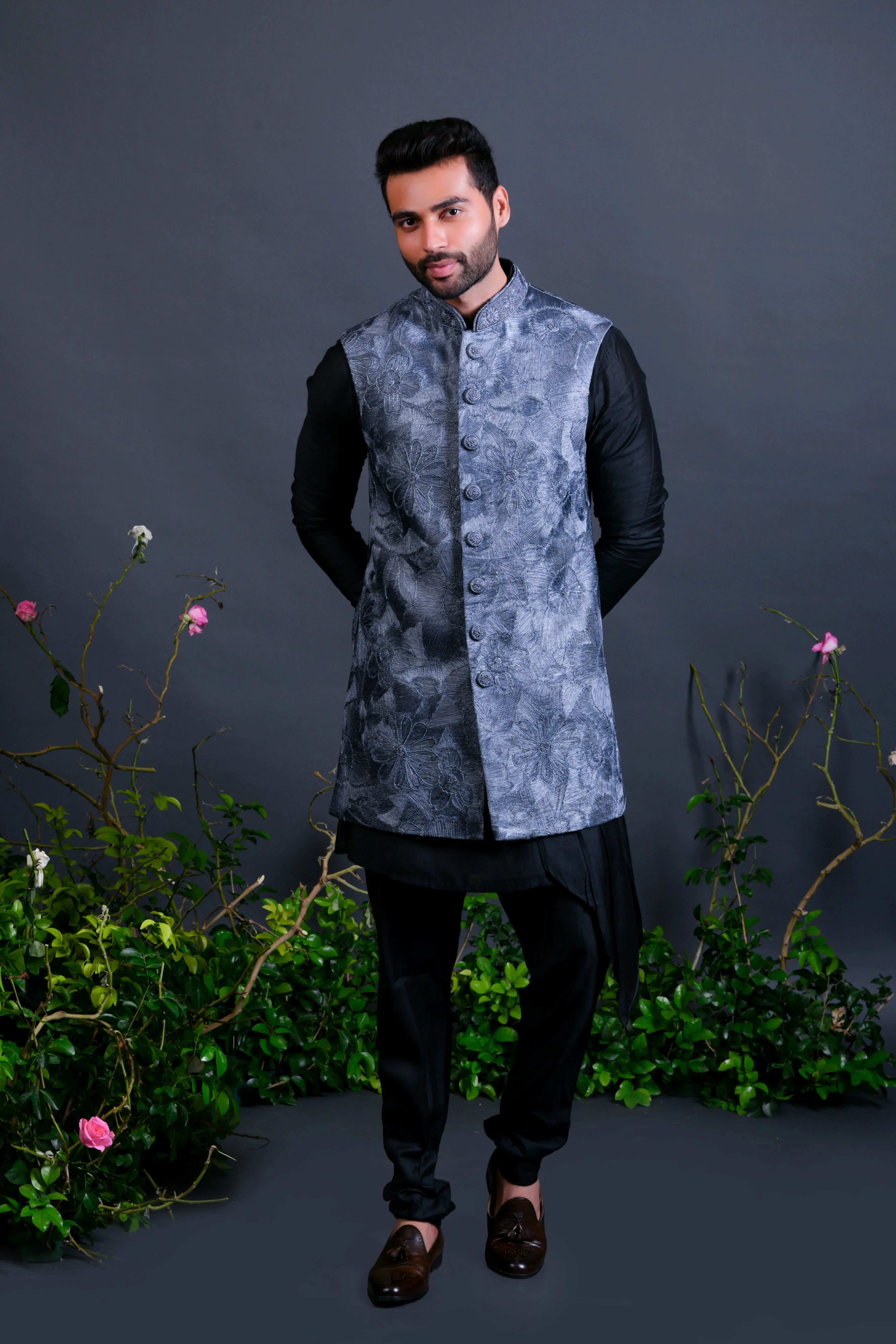 Grey jacket set with resham and zardoshi work