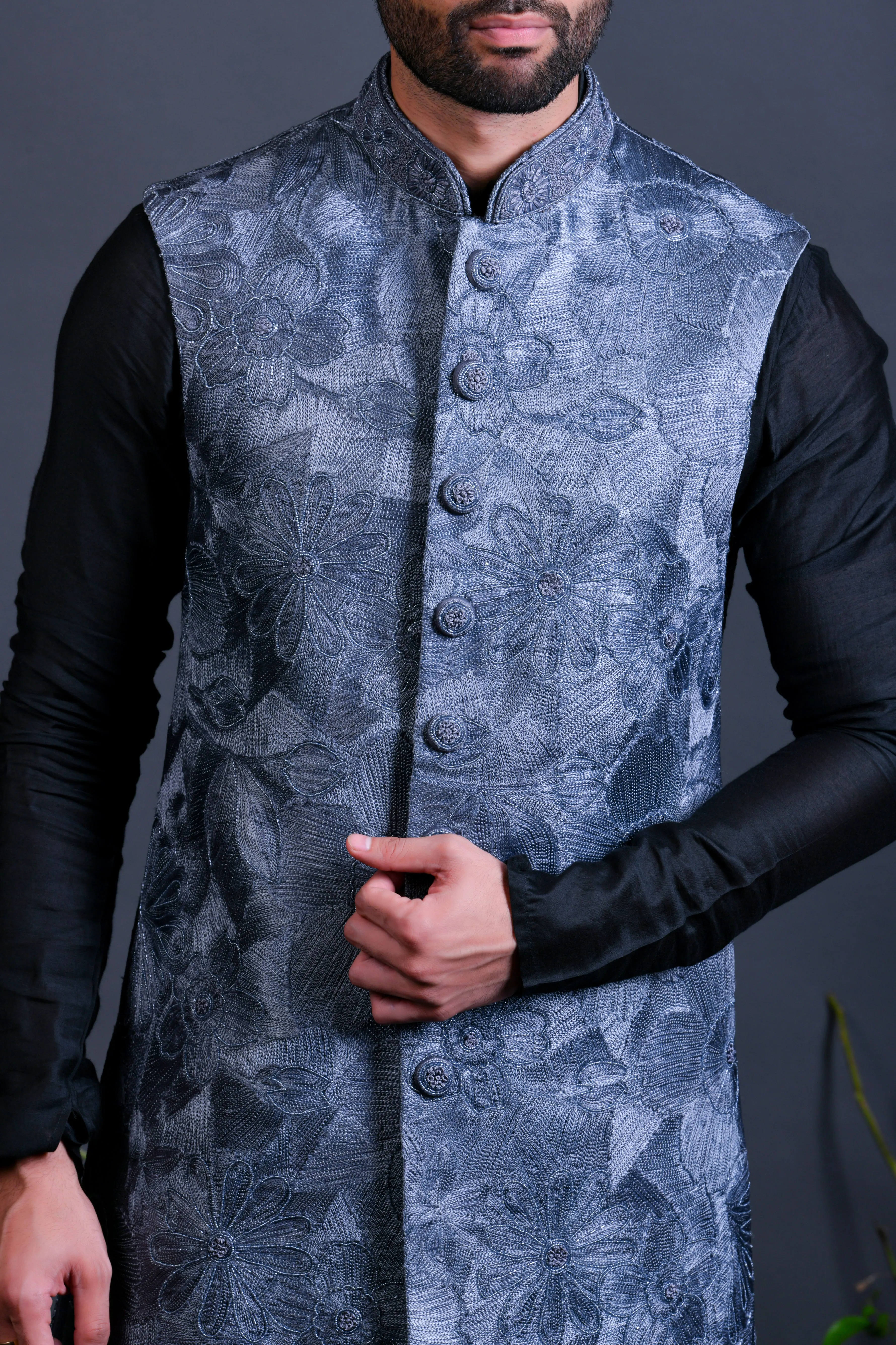 Grey jacket set with resham and zardoshi work