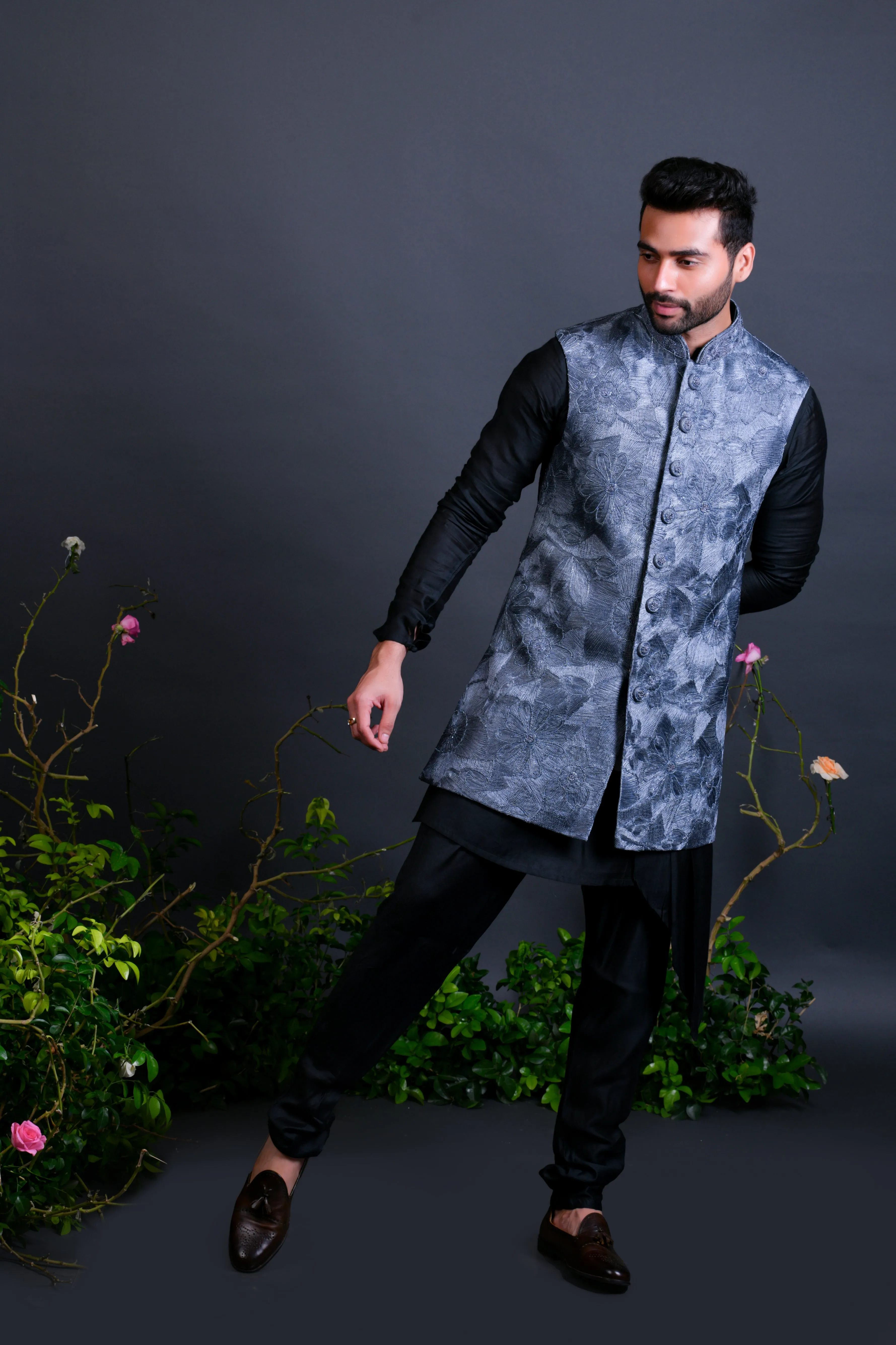 Grey jacket set with resham and zardoshi work