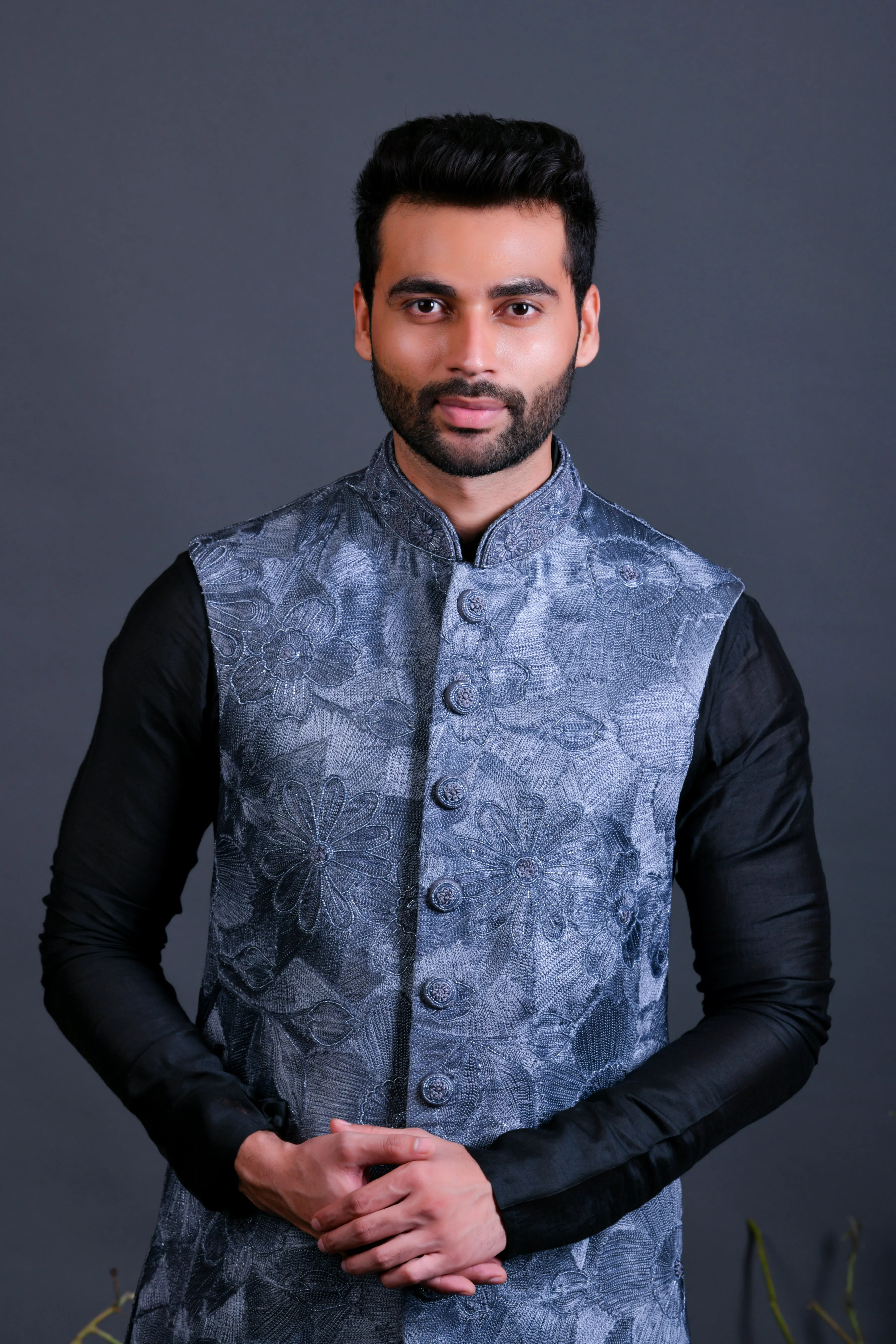 Grey jacket set with resham and zardoshi work