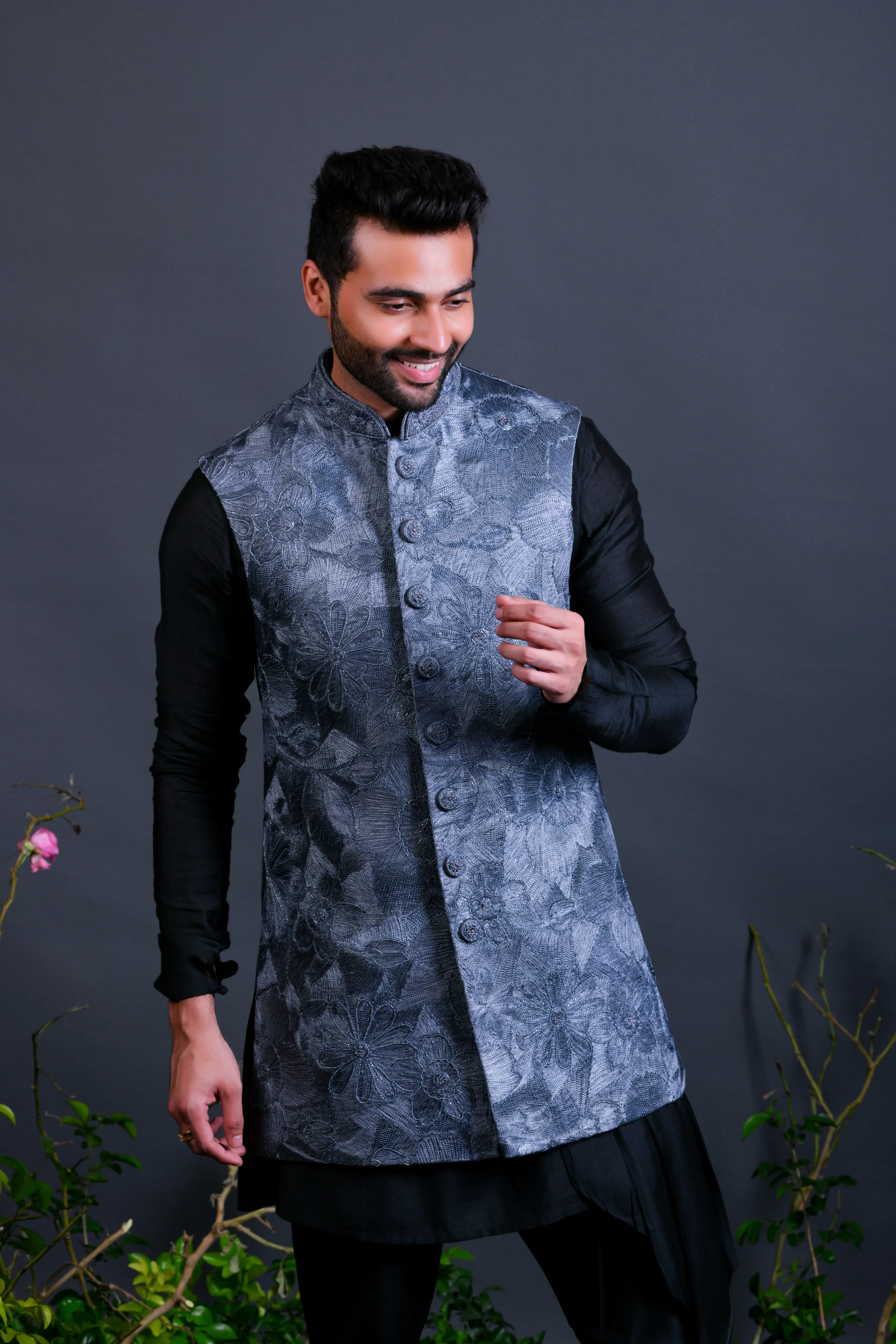 Grey jacket set with resham and zardoshi work