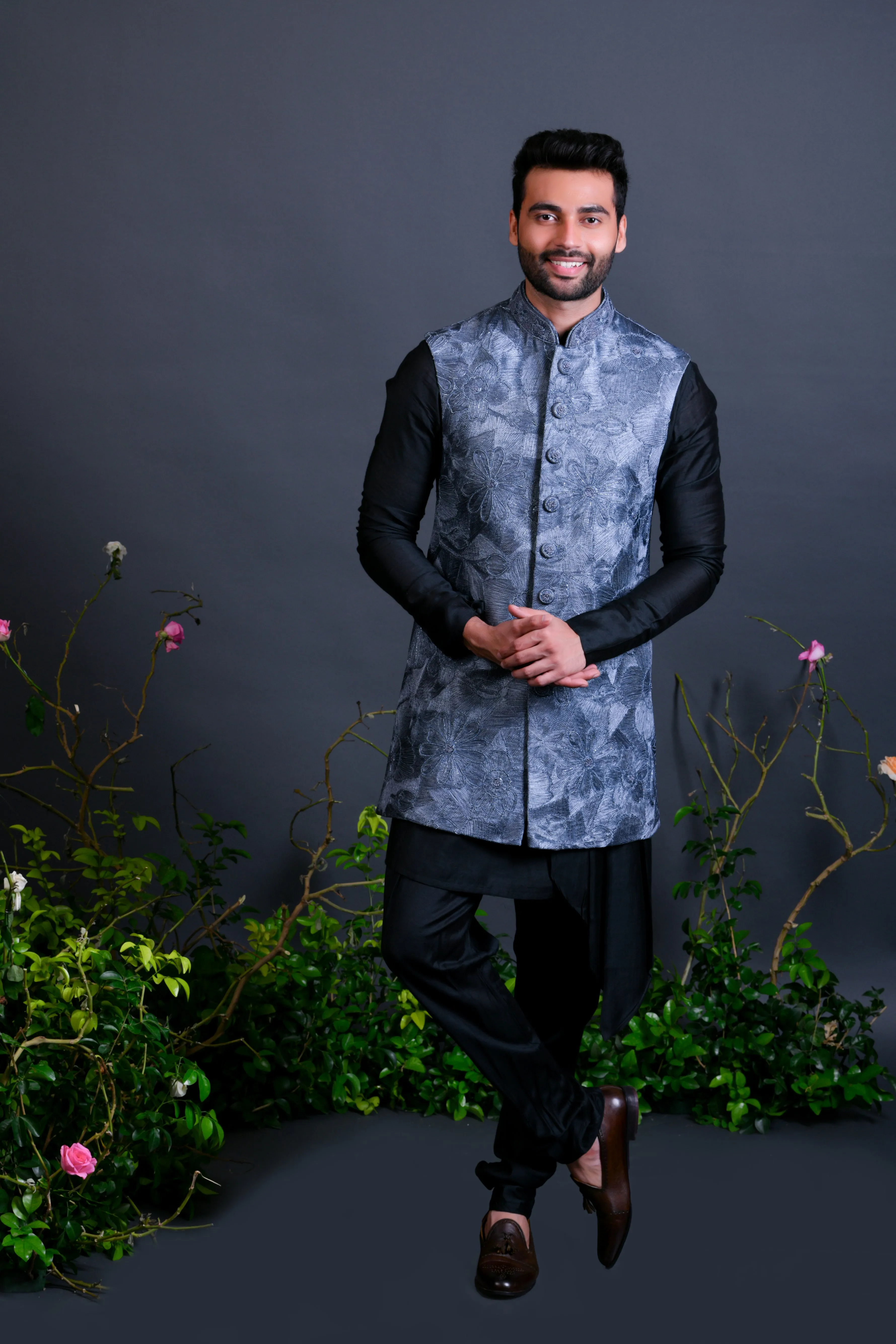 Grey jacket set with resham and zardoshi work