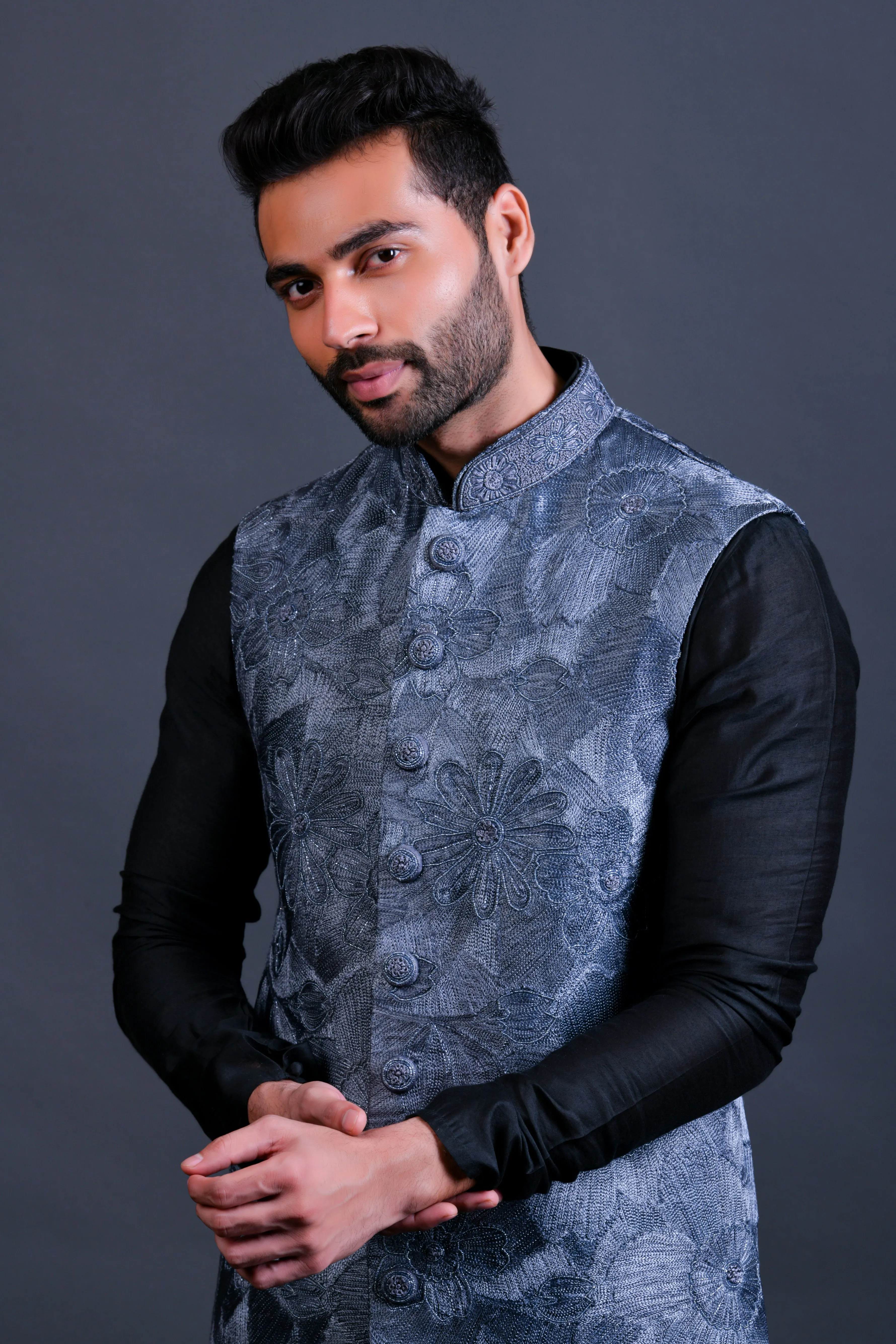 Grey jacket set with resham and zardoshi work