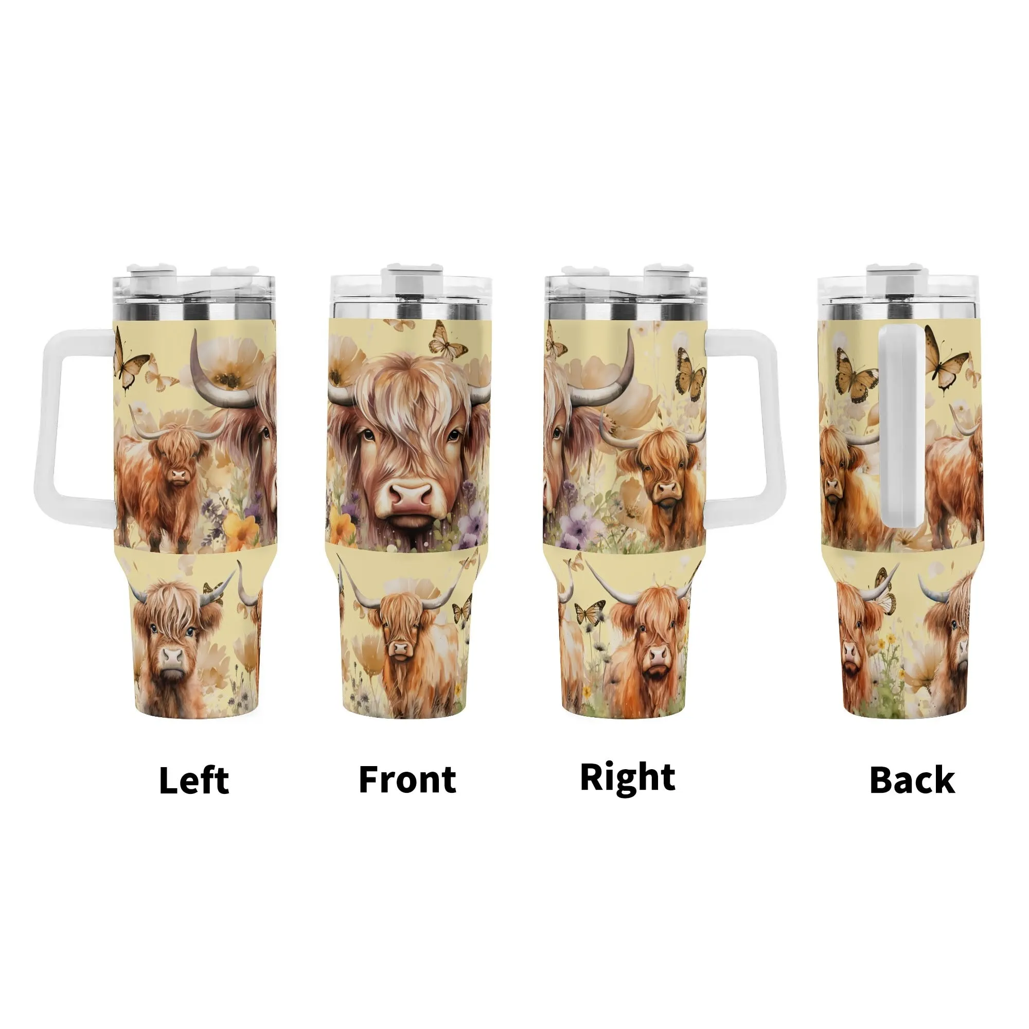 Highland Cow Floral 40oz Stainless Steel Tumbler With Handle and Straw