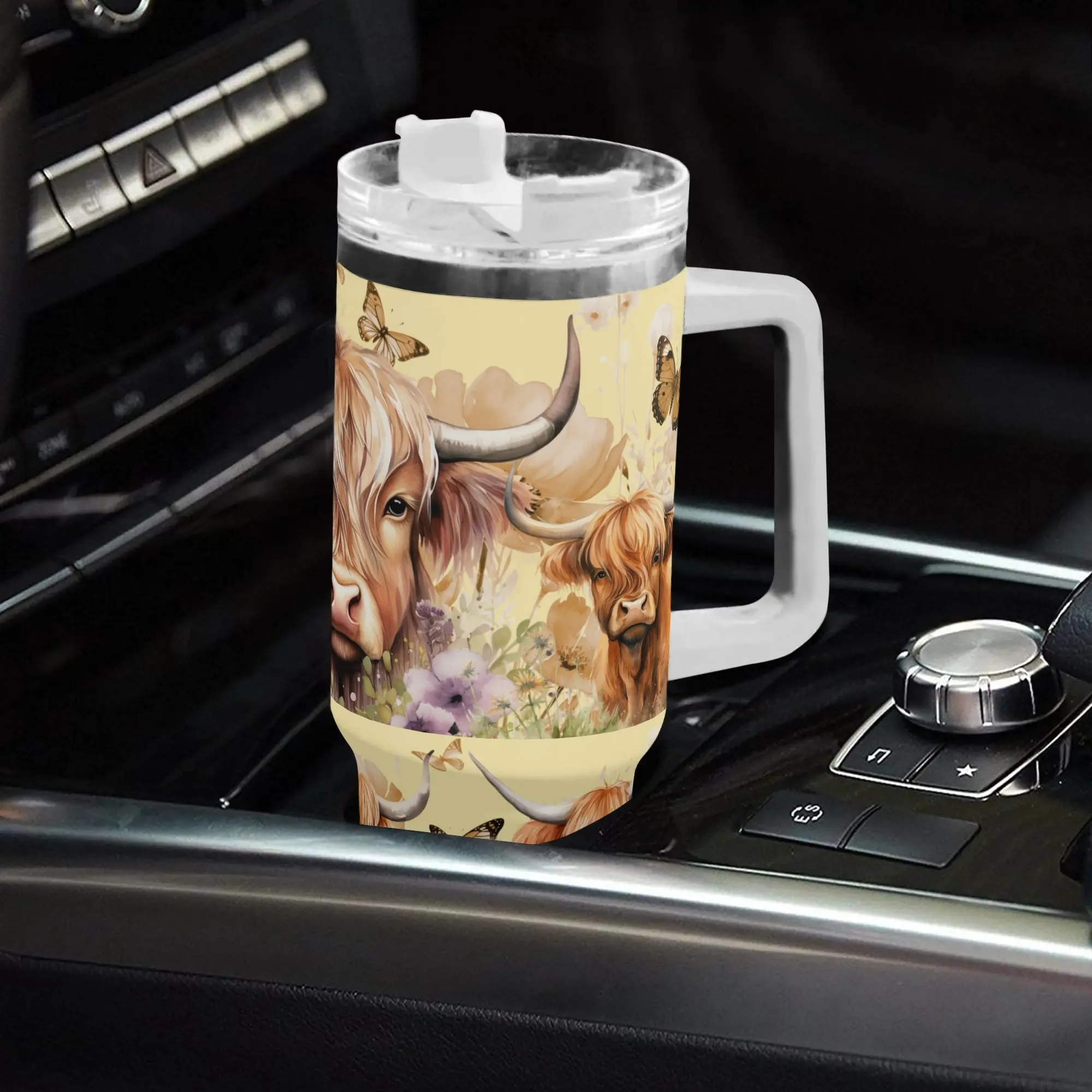 Highland Cow Floral 40oz Stainless Steel Tumbler With Handle and Straw