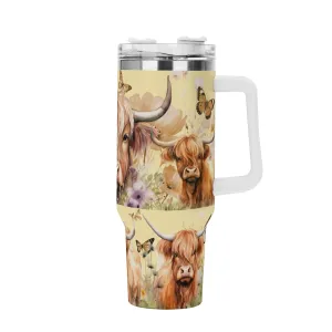 Highland Cow Floral 40oz Stainless Steel Tumbler With Handle and Straw