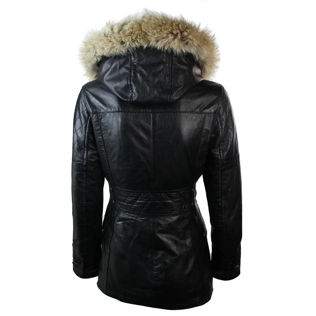 Ladies Real Leather Black Trench Mid Length Hooded Winter Retro Duffle Jacket