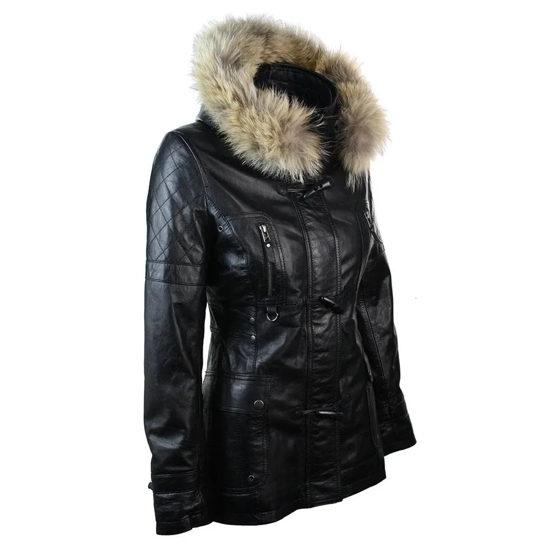 Ladies Real Leather Black Trench Mid Length Hooded Winter Retro Duffle Jacket