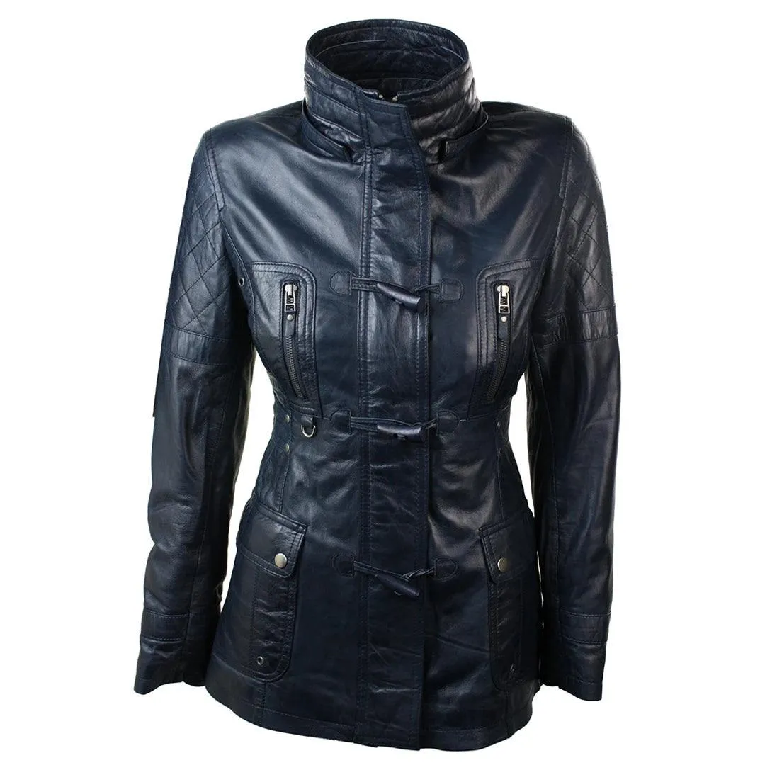 Ladies Real Leather Black Trench Mid Length Hooded Winter Retro Duffle Jacket