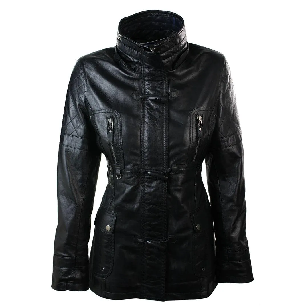 Ladies Real Leather Black Trench Mid Length Hooded Winter Retro Duffle Jacket