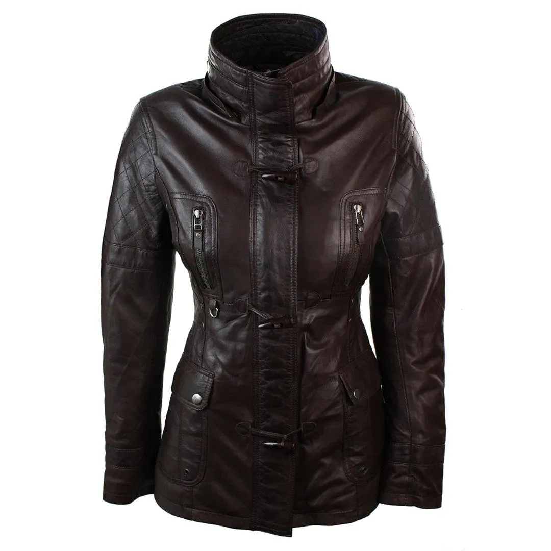 Ladies Real Leather Black Trench Mid Length Hooded Winter Retro Duffle Jacket