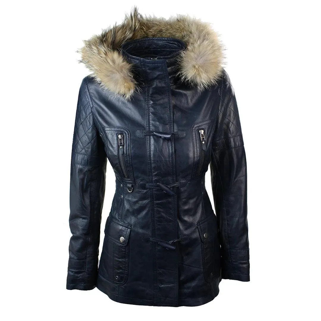 Ladies Real Leather Black Trench Mid Length Hooded Winter Retro Duffle Jacket