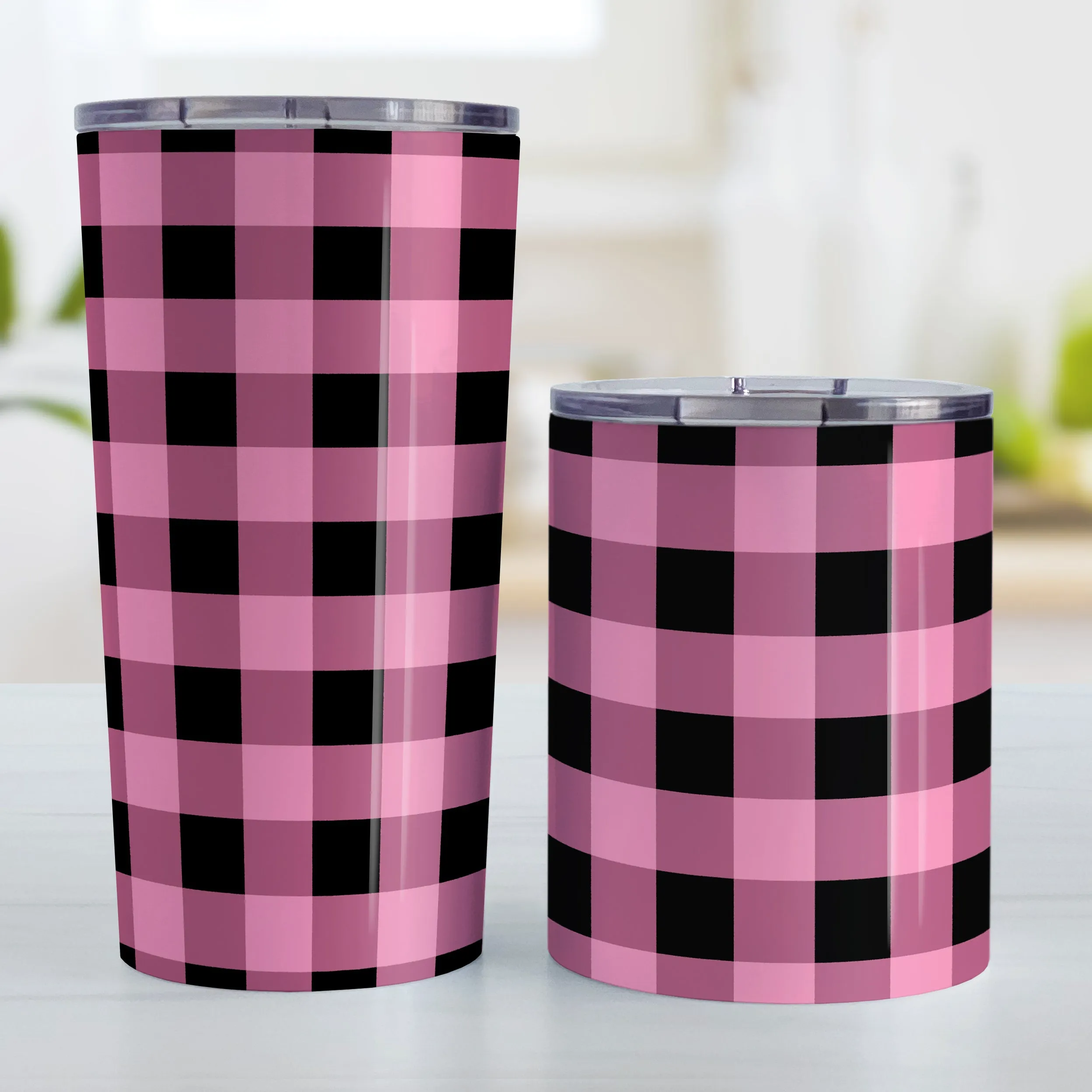 Light Pink and Black Buffalo Plaid Tumbler Cup