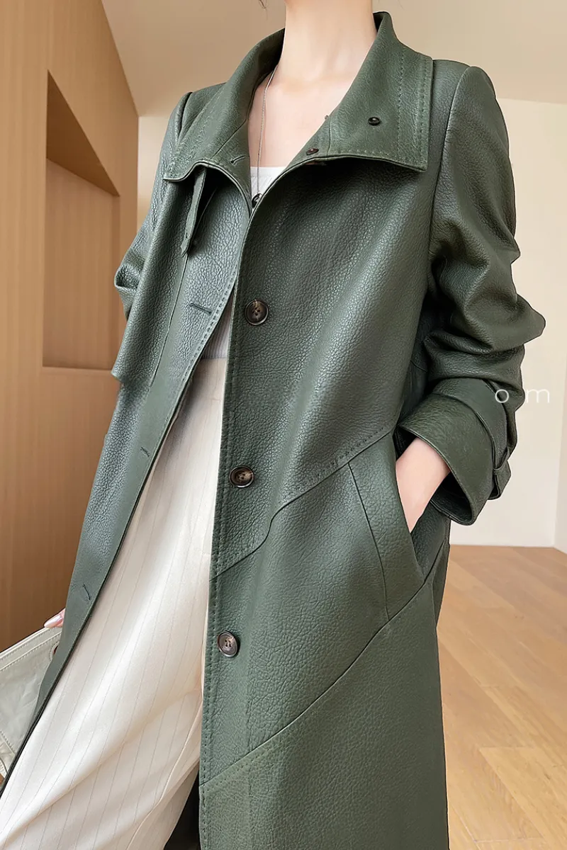 Pebbled Lambskin Leather Trench Coat with Stand Collar