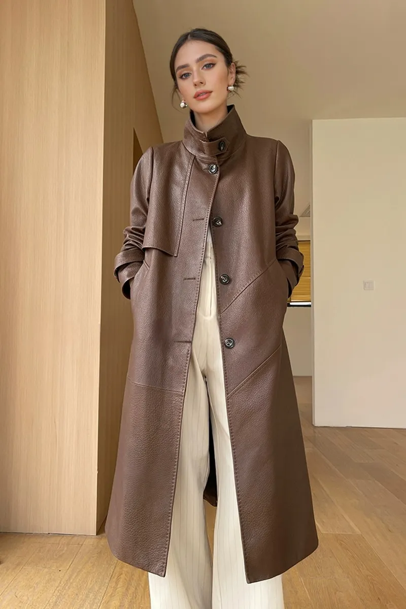 Pebbled Lambskin Leather Trench Coat with Stand Collar