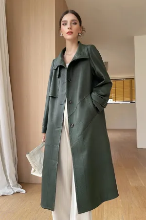 Pebbled Lambskin Leather Trench Coat with Stand Collar