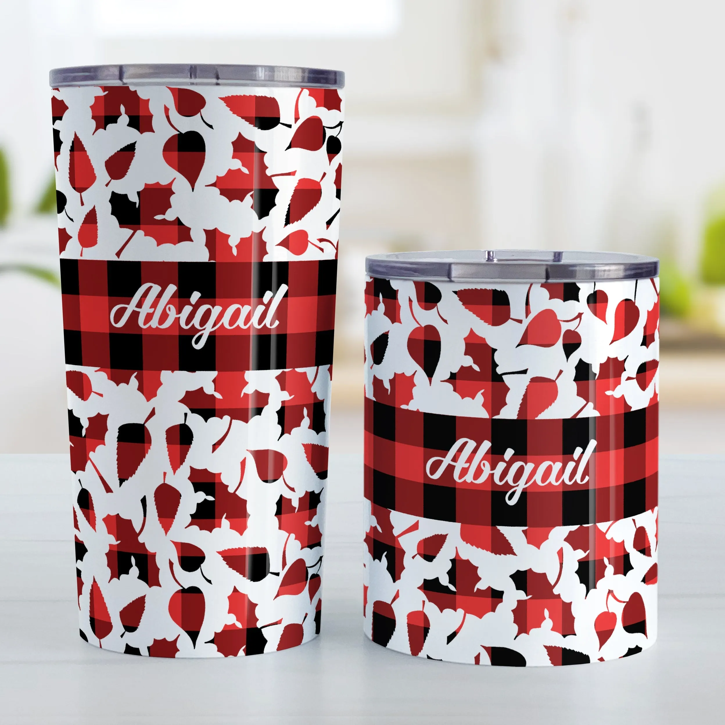 Personalized Buffalo Plaid Leaves Fall Tumbler Cup