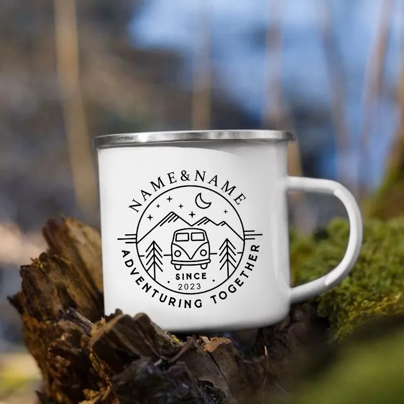 Personalized Camping Coffee Mug 12oz. Metal Enamel Custom Name