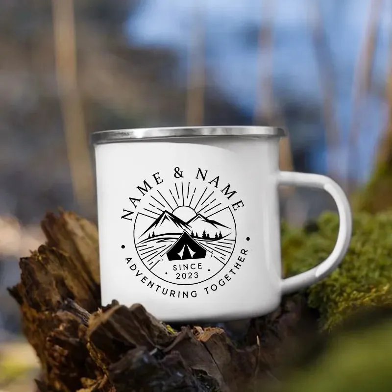 Personalized Camping Coffee Mug 12oz. Metal Enamel Custom Name