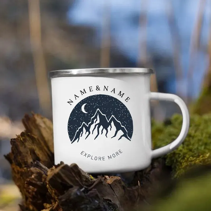 Personalized Camping Coffee Mug 12oz. Metal Enamel Custom Name