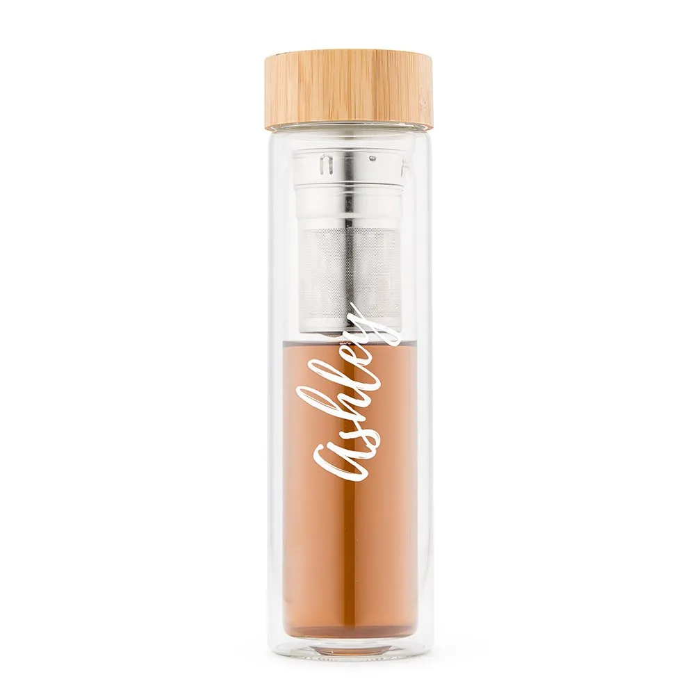 PERSONALIZED GLASS TEA INFUSER TRAVEL MUG - CALLIGRAPHY PRINT