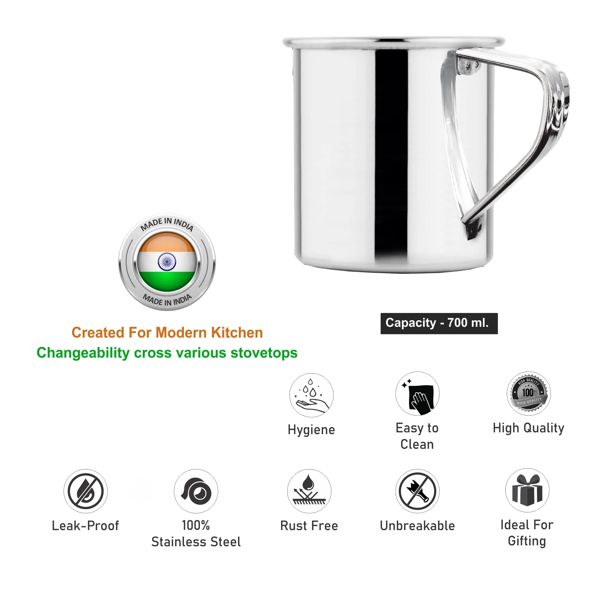 Prabha Stainless Steel Water Mug - 700 mL, Multipurpose Jug for Milk, Hiking, and Camping