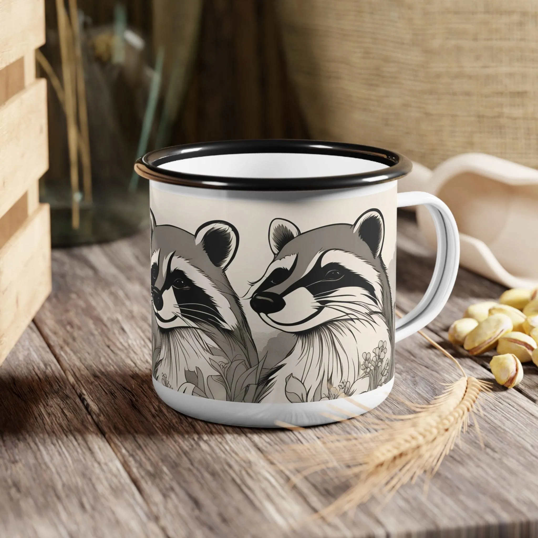 Three Raccoons, Enamel Camping Mug for Coffee, Tea, Cocoa, or Cereal - 12oz