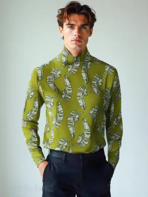 Unisex Tropical Print Turtleneck | Banana Leaf Knit Sweater | Designer Green Pullover| Light Knit Sweater