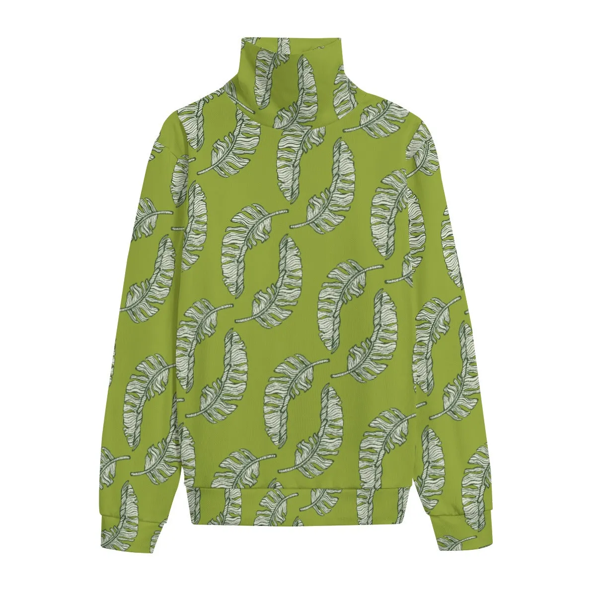 Unisex Tropical Print Turtleneck | Banana Leaf Knit Sweater | Designer Green Pullover| Light Knit Sweater