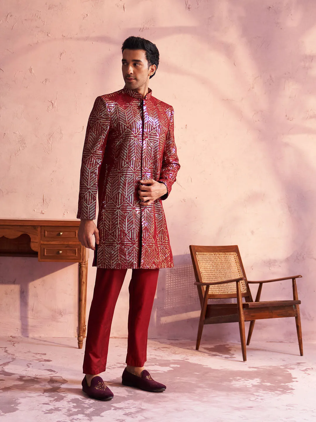 Vastramay Men's Maroon Georgette Embellished Indo Set