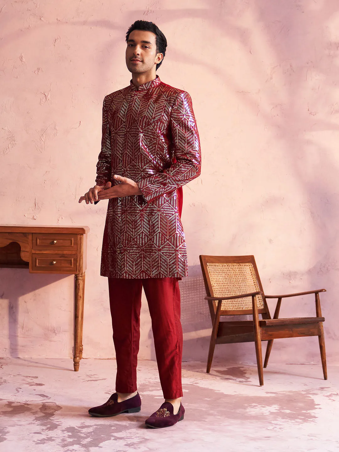 Vastramay Men's Maroon Georgette Embellished Indo Set