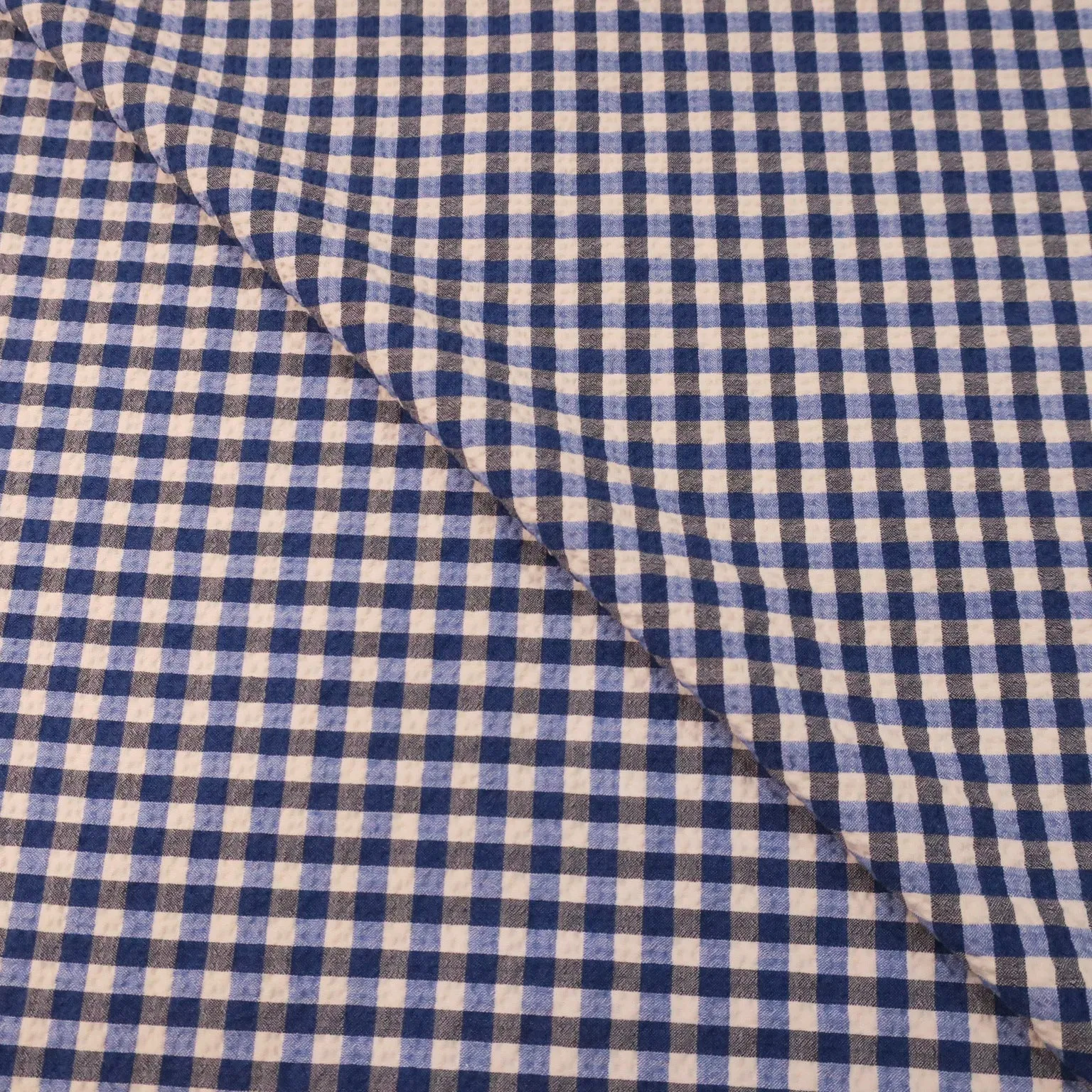 White and Blue Check Seersucker Cotton Ariston Fabric