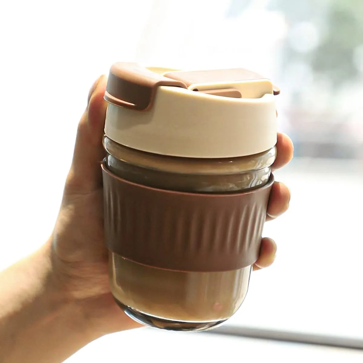 wolpin Travel Coffee Mug 400 ml Glass Coffee Mug with Lid Direct & Sipper Drinking Reusable Portable Mug Leakproof Non-Slip Heat-Resistance