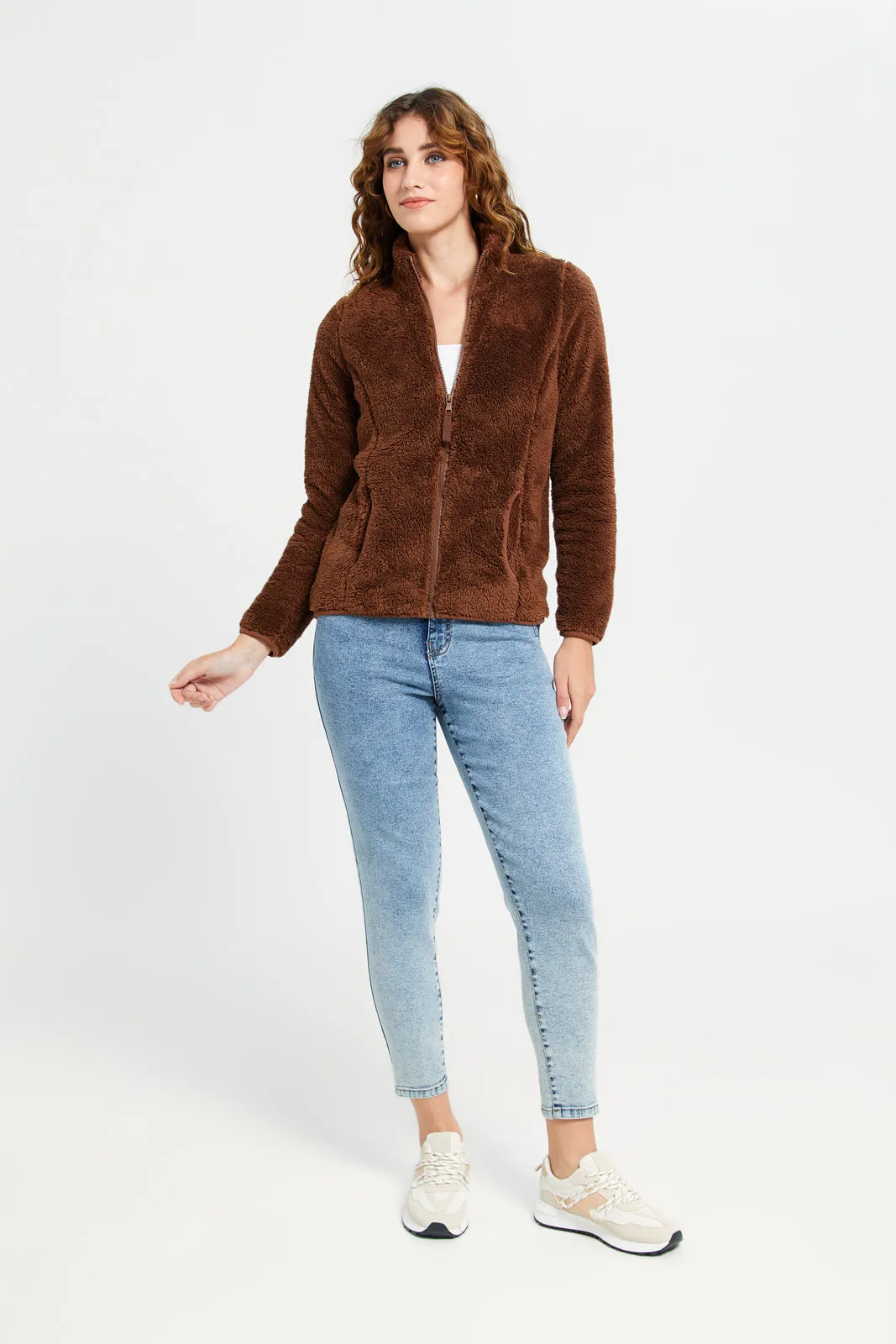 Women Brown High Neck Fur Jacket