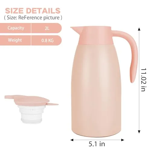 Yummy Sam 2L Thermal Coffee Carafe Insulated Stainless Steel Double Wall Vacuum Thermos Thermal Flask Coffee Dispenser Coffee Carafes Keeping Coffee Water and Tea Hot 12 Hours Cold 24 Hours (Pink)