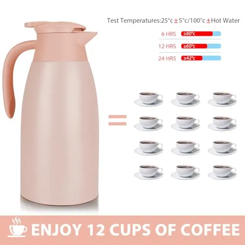 Yummy Sam 2L Thermal Coffee Carafe Insulated Stainless Steel Double Wall Vacuum Thermos Thermal Flask Coffee Dispenser Coffee Carafes Keeping Coffee Water and Tea Hot 12 Hours Cold 24 Hours (Pink)